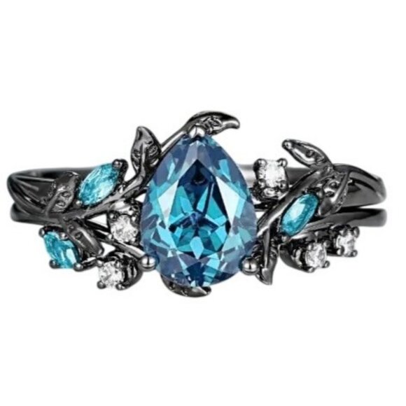 Pear Cut Blue Topaz & Moissanite 2 piece Bridal Wedding engagement ring Rhodium - Picture 5 of 5